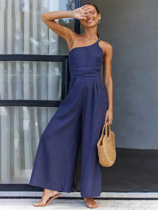 New casual, comfortable and refreshing sleeveless waistless backless loose wide-leg jumpsuit BLUE ZONE PLANET