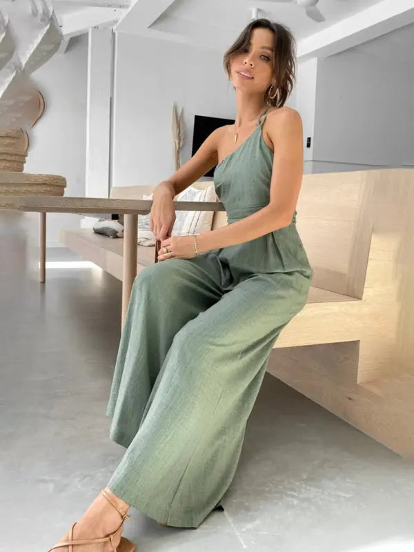New casual, comfortable and refreshing sleeveless waistless backless loose wide-leg jumpsuit BLUE ZONE PLANET