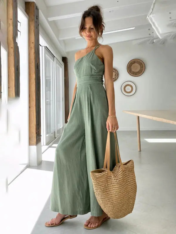 New casual, comfortable and refreshing sleeveless waistless backless loose wide-leg jumpsuit BLUE ZONE PLANET