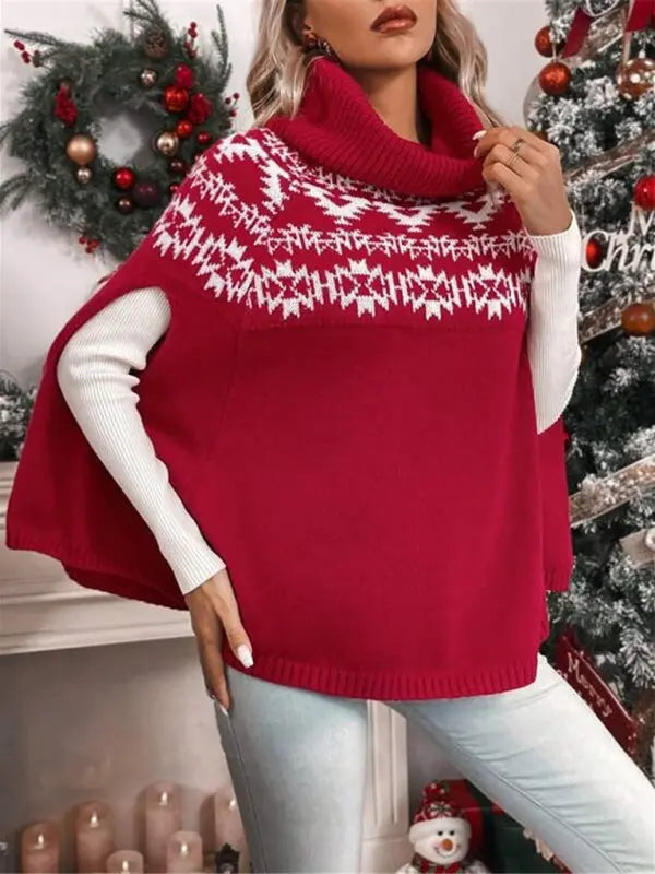 New high collar Christmas red cape sleeve geographical pattern knitted cape sweater kakaclo