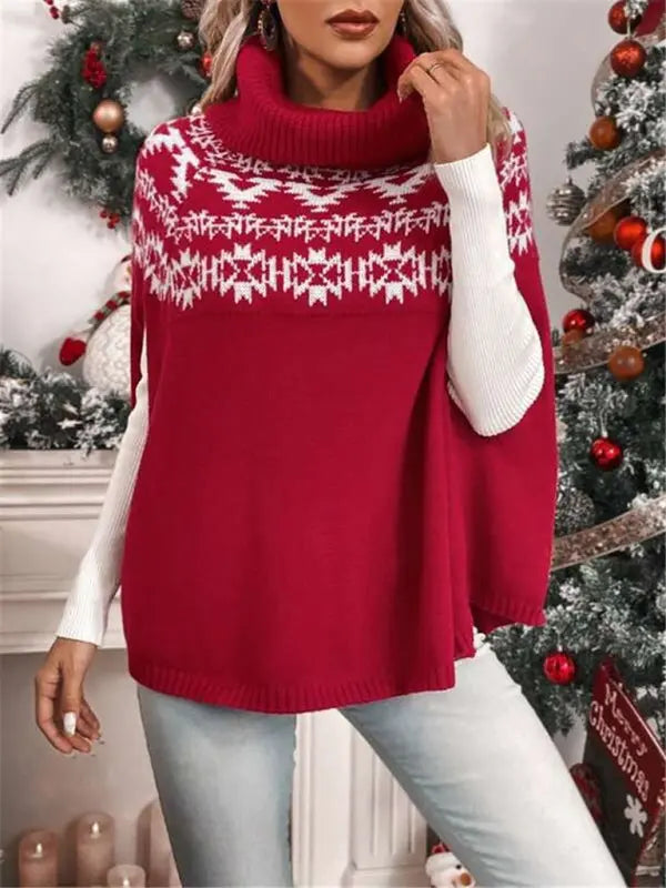 New high collar Christmas red cape sleeve geographical pattern knitted cape sweater kakaclo