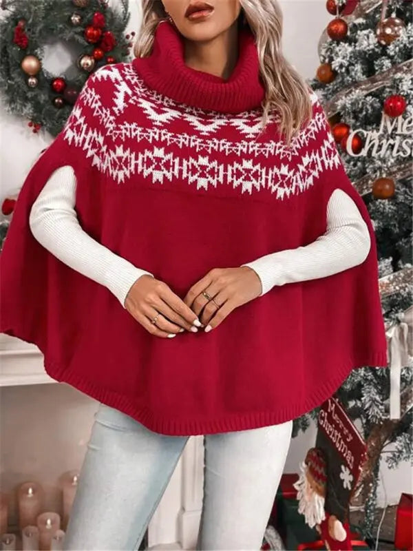New high collar Christmas red cape sleeve geographical pattern knitted cape sweater kakaclo