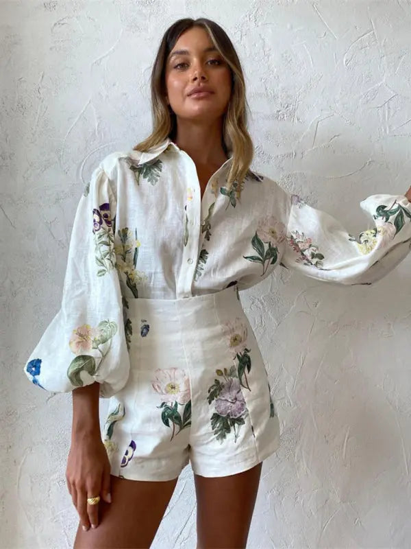 New style fresh floral ladylike temperament commuter long-sleeved shirt top high-waisted shorts suit BLUE ZONE PLANET