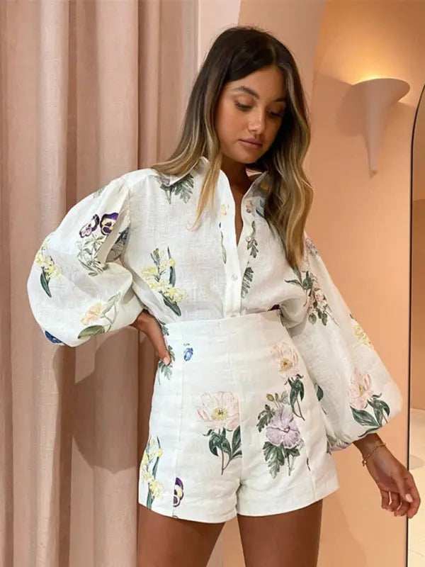New style fresh floral ladylike temperament commuter long-sleeved shirt top high-waisted shorts suit BLUE ZONE PLANET