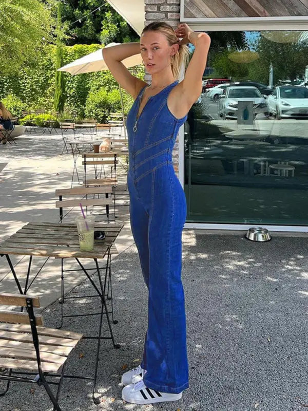 New style slim and slim fashion street style open back retro style high waist denim jumpsuit kakaclo