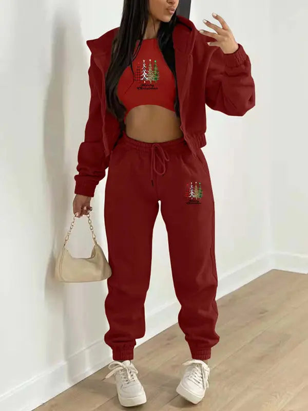 New velvet sweatshirt Christmas tree print hooded sports and leisure suit (three-piece set) kakaclo