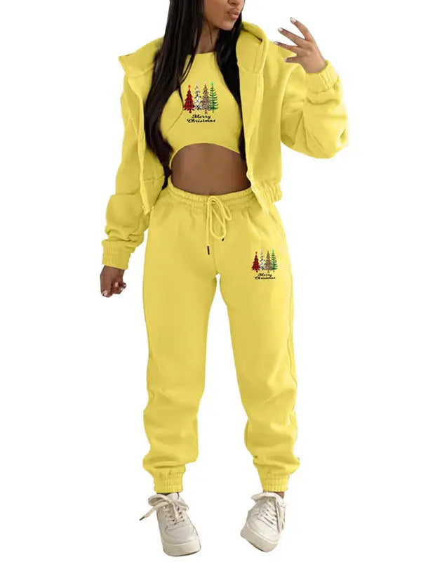 New velvet sweatshirt Christmas tree print hooded sports and leisure suit (three-piece set) kakaclo