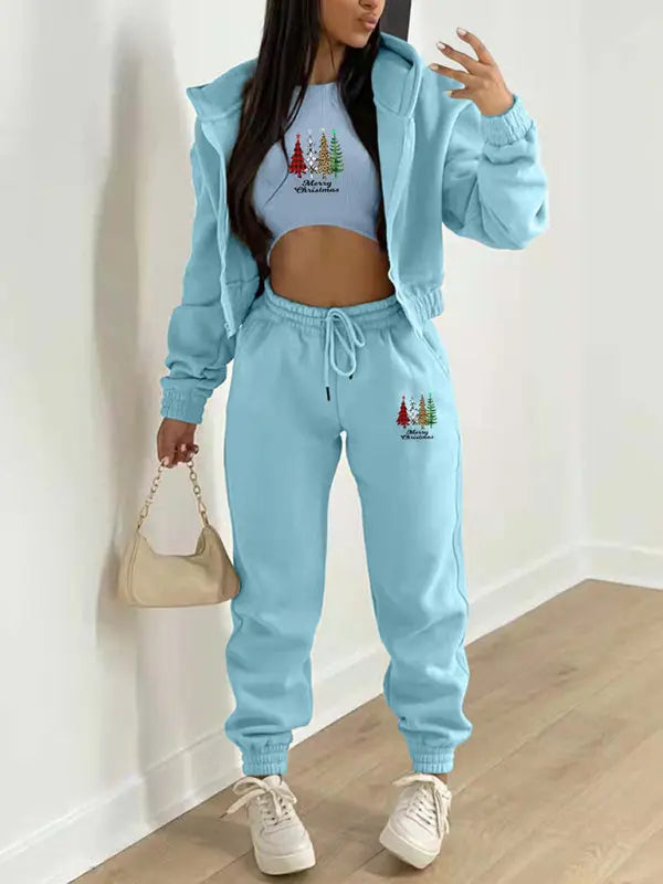 New velvet sweatshirt Christmas tree print hooded sports and leisure suit (three-piece set) kakaclo