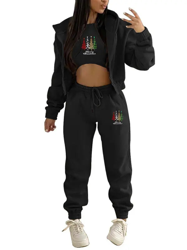 New velvet sweatshirt Christmas tree print hooded sports and leisure suit (three-piece set) kakaclo