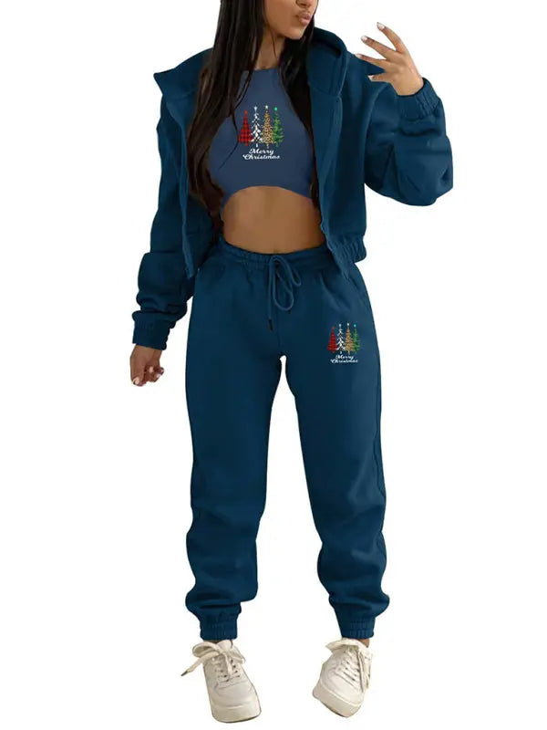 New velvet sweatshirt Christmas tree print hooded sports and leisure suit (three-piece set) kakaclo