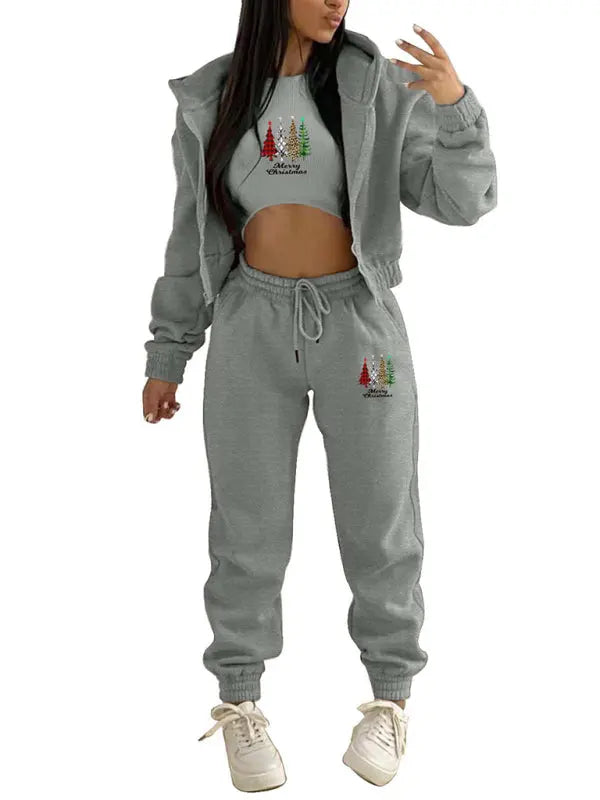 New velvet sweatshirt Christmas tree print hooded sports and leisure suit (three-piece set) kakaclo