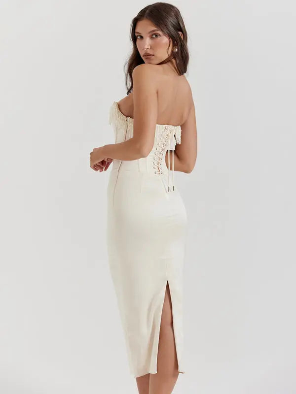Nina's Solid Color Off-Shoulder Pearl Fishbone Slit Midi Dress BLUE ZONE PLANET