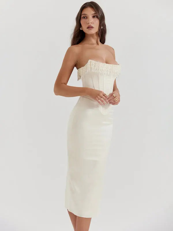 Nina's Solid Color Off-Shoulder Pearl Fishbone Slit Midi Dress BLUE ZONE PLANET