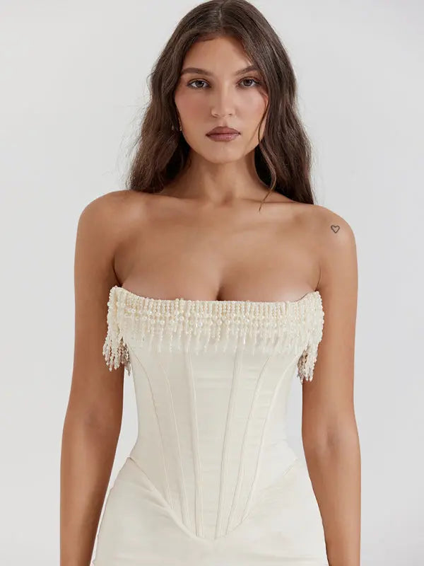 Nina's Solid Color Off-Shoulder Pearl Fishbone Slit Midi Dress BLUE ZONE PLANET