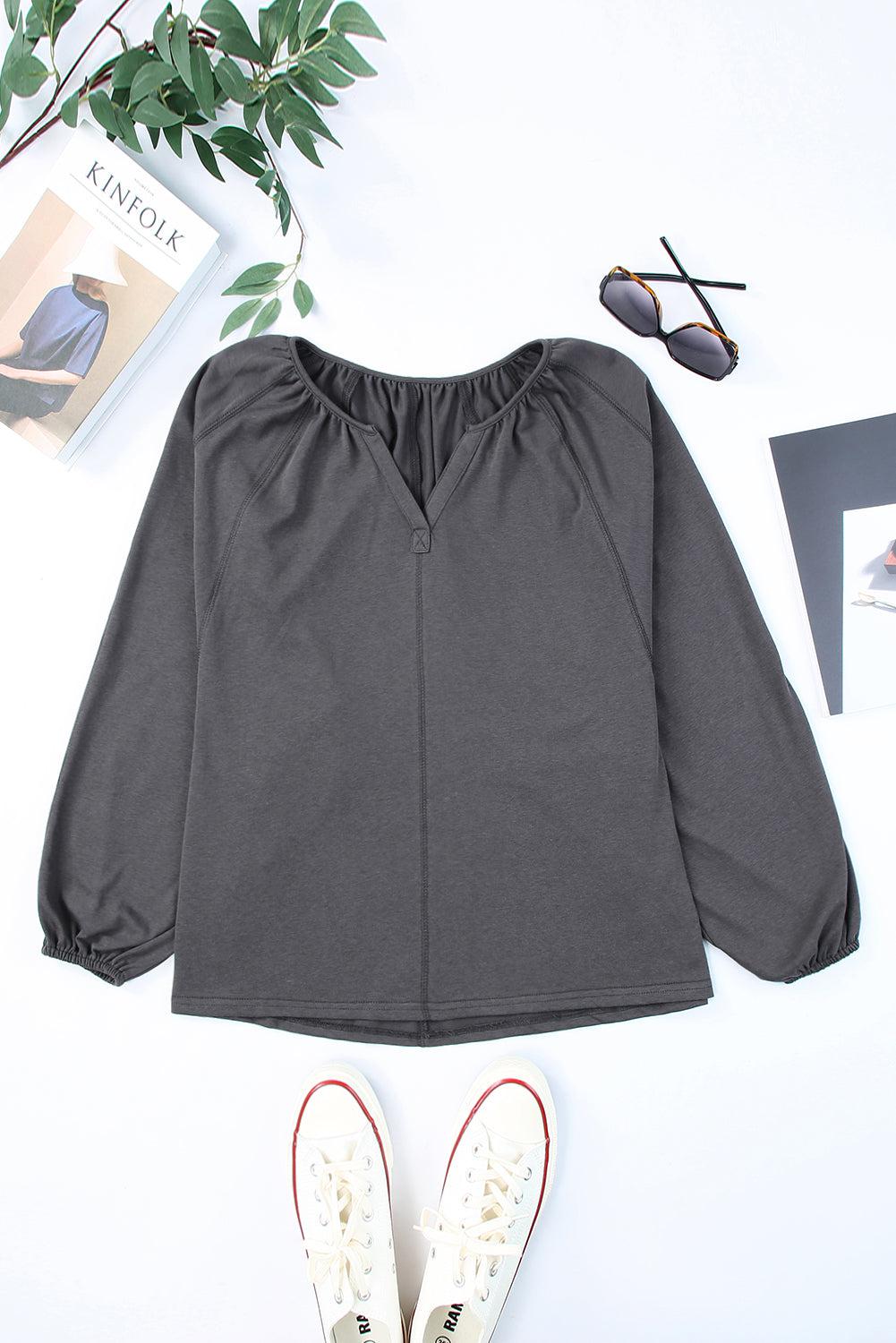 Notched Neck Balloon Sleeve Blouse BLUE ZONE PLANET