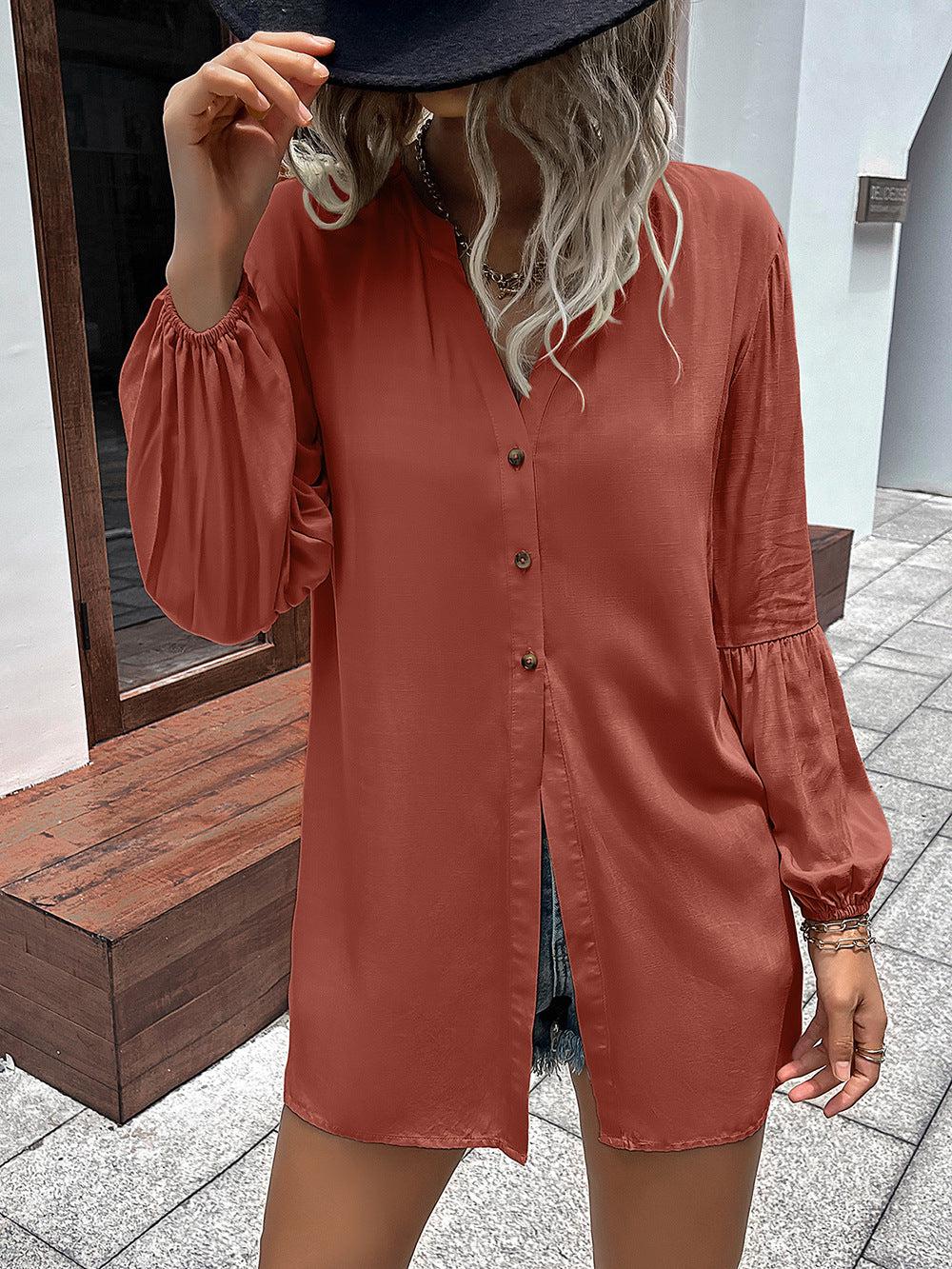 Notched Neck Balloon Sleeve Shirt BLUE ZONE PLANET
