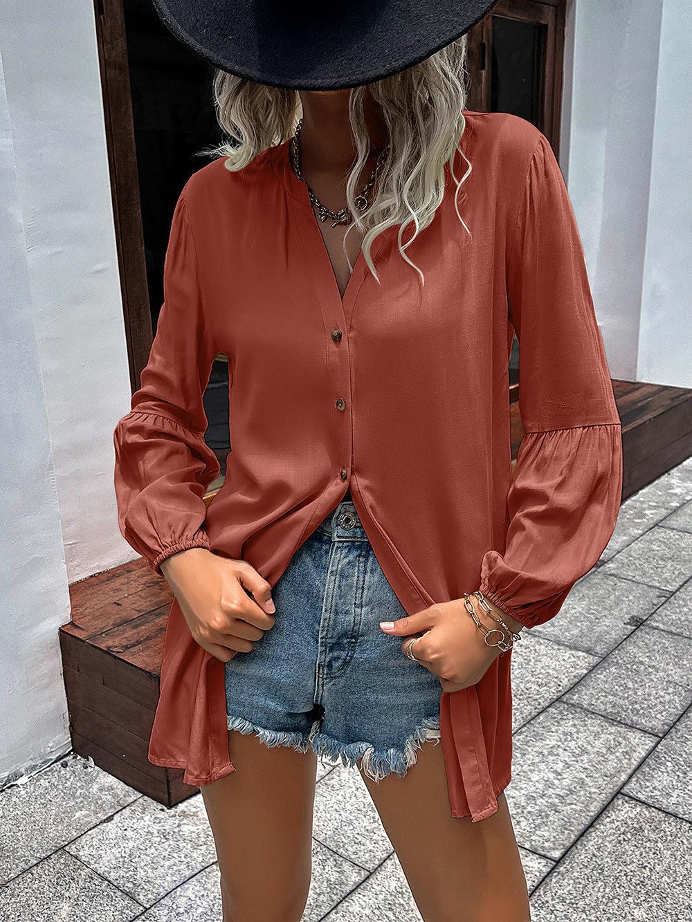 Notched Neck Balloon Sleeve Shirt BLUE ZONE PLANET