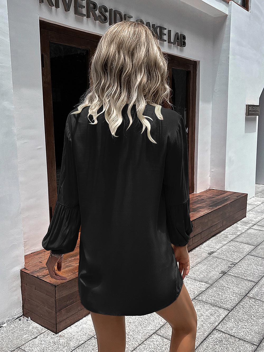 Notched Neck Balloon Sleeve Shirt BLUE ZONE PLANET
