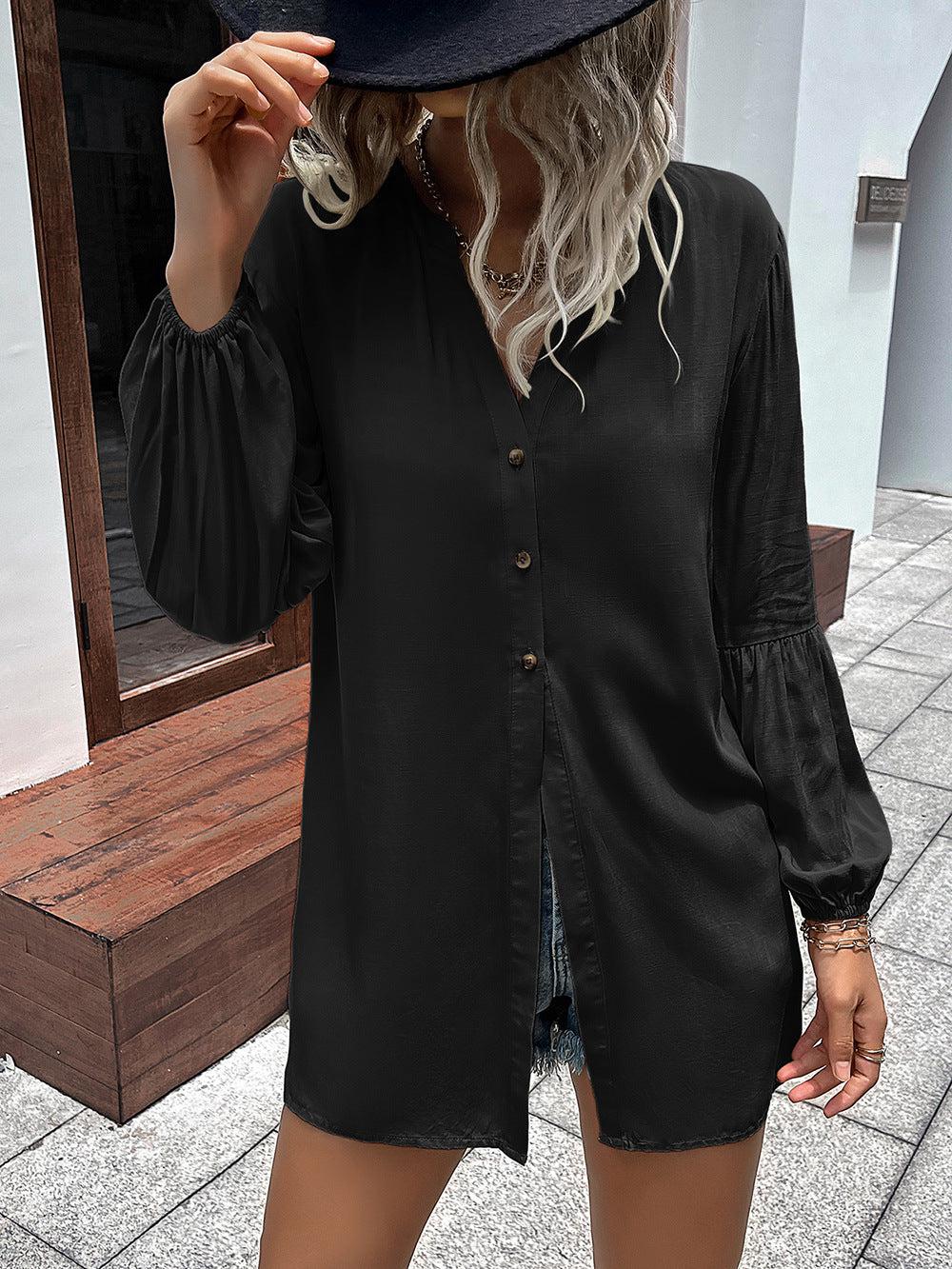 Notched Neck Balloon Sleeve Shirt BLUE ZONE PLANET