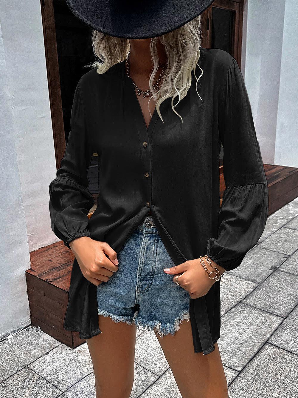 Notched Neck Balloon Sleeve Shirt BLUE ZONE PLANET