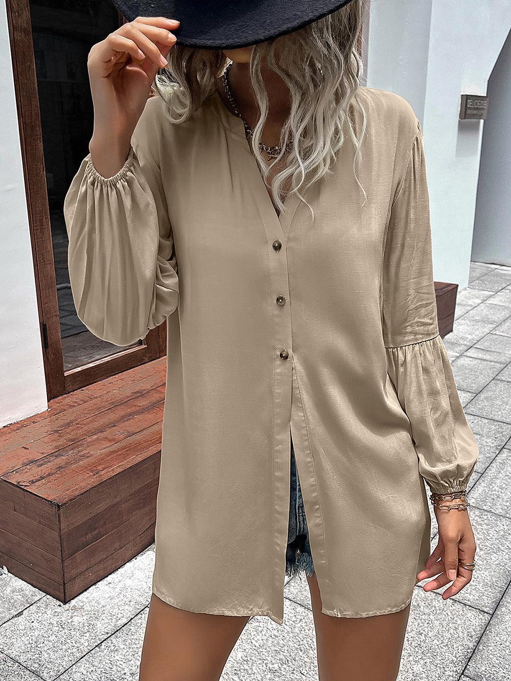Notched Neck Balloon Sleeve Shirt BLUE ZONE PLANET