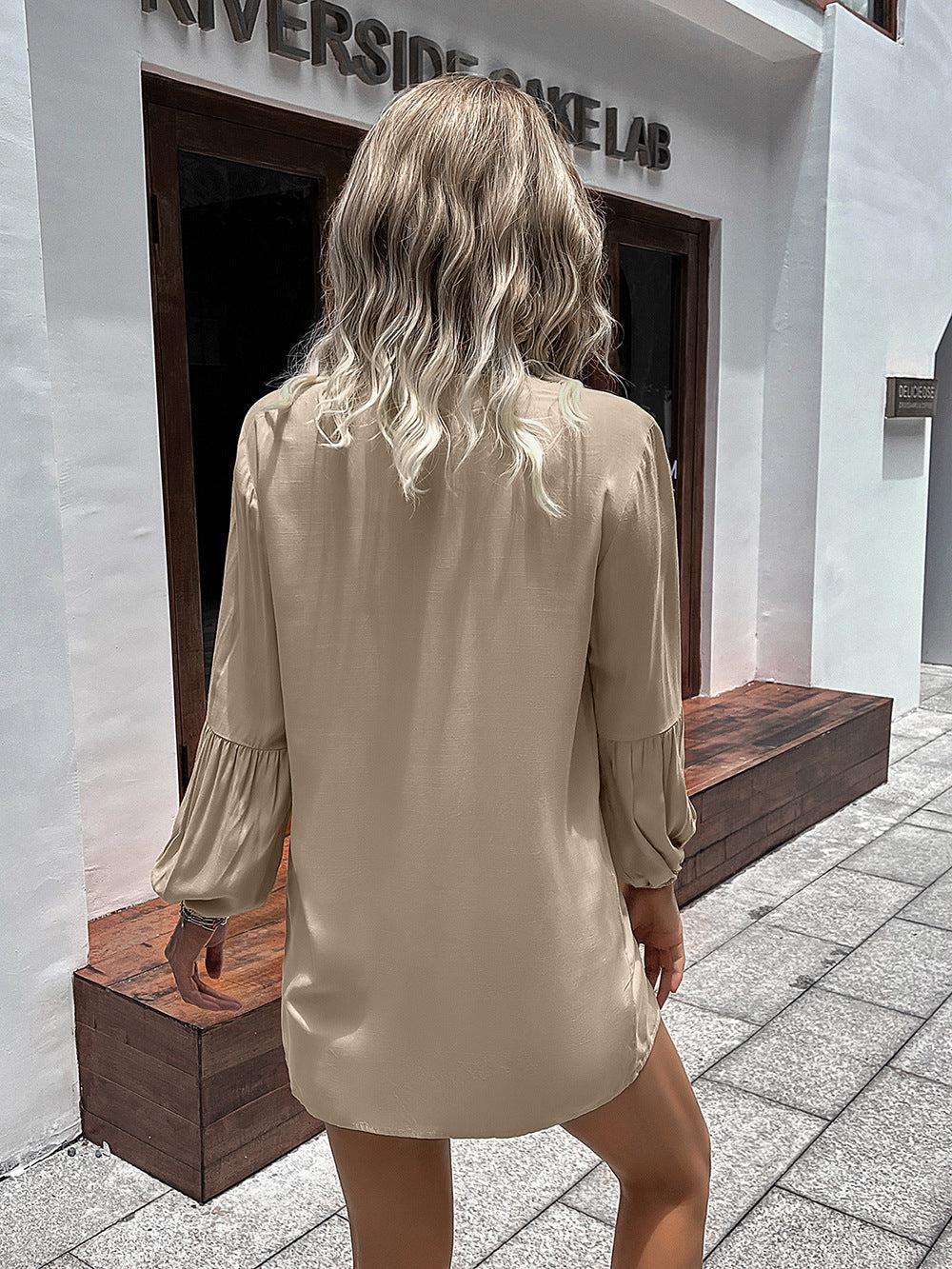 Notched Neck Balloon Sleeve Shirt BLUE ZONE PLANET