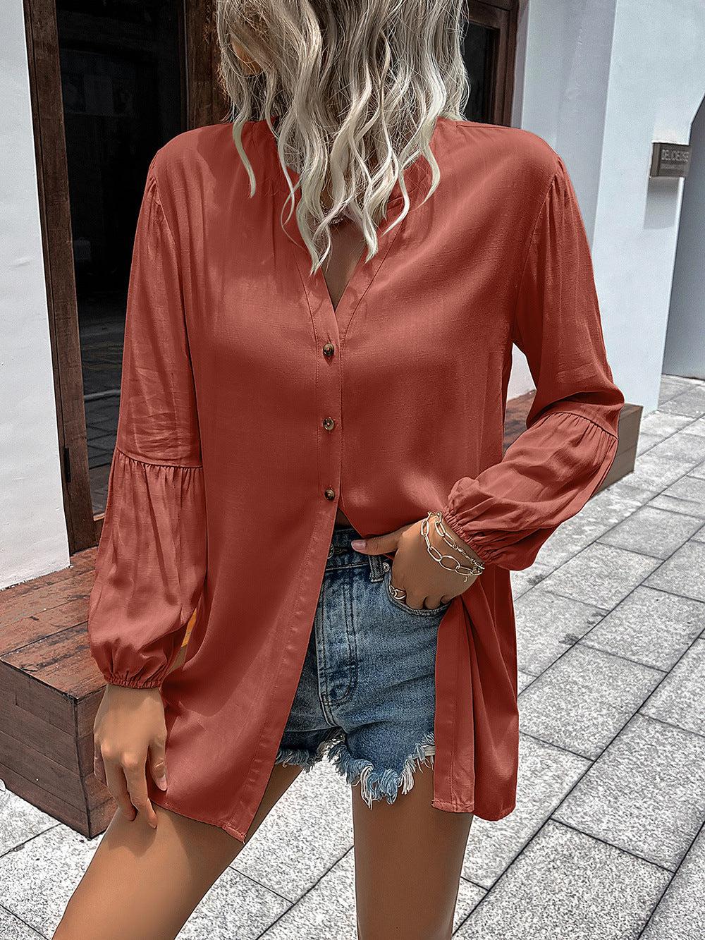 Notched Neck Balloon Sleeve Shirt BLUE ZONE PLANET