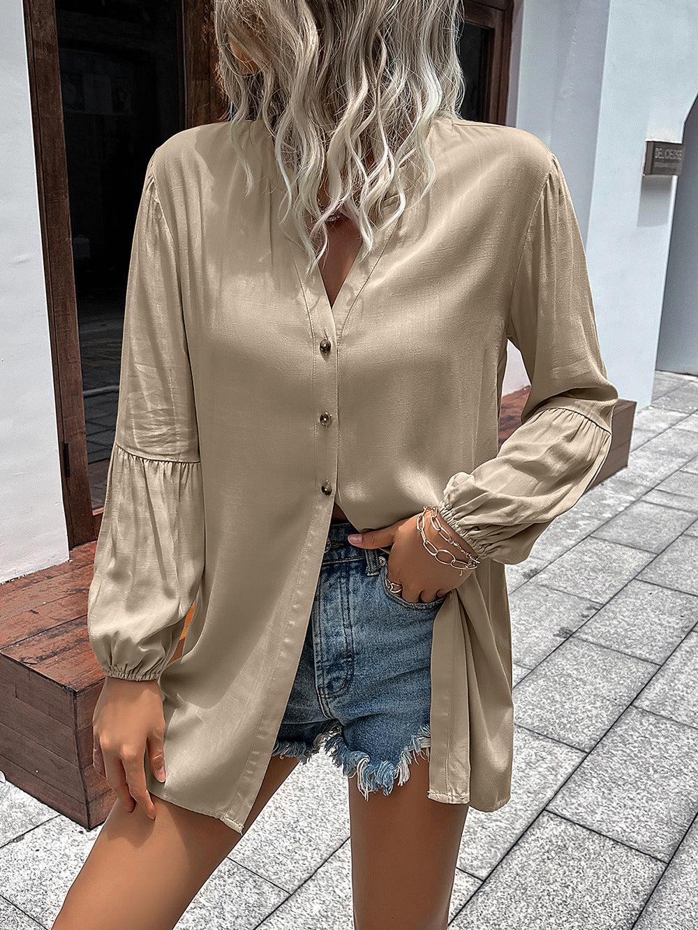 Notched Neck Balloon Sleeve Shirt BLUE ZONE PLANET