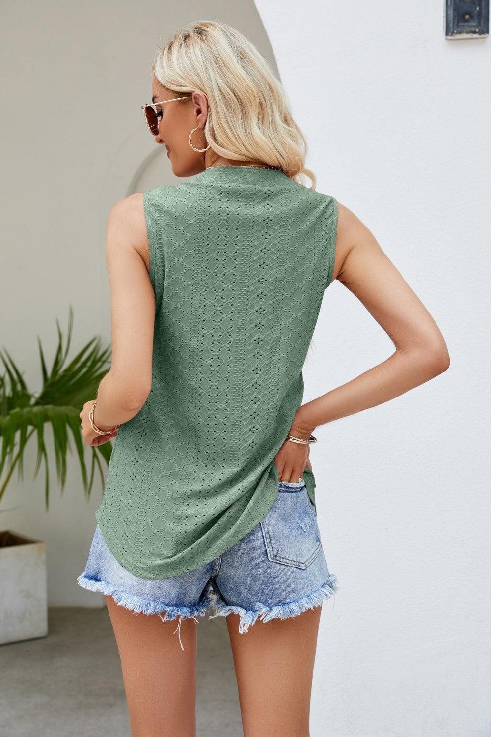 Notched Neck Curved Hem Eyelet Tank BLUE ZONE PLANET