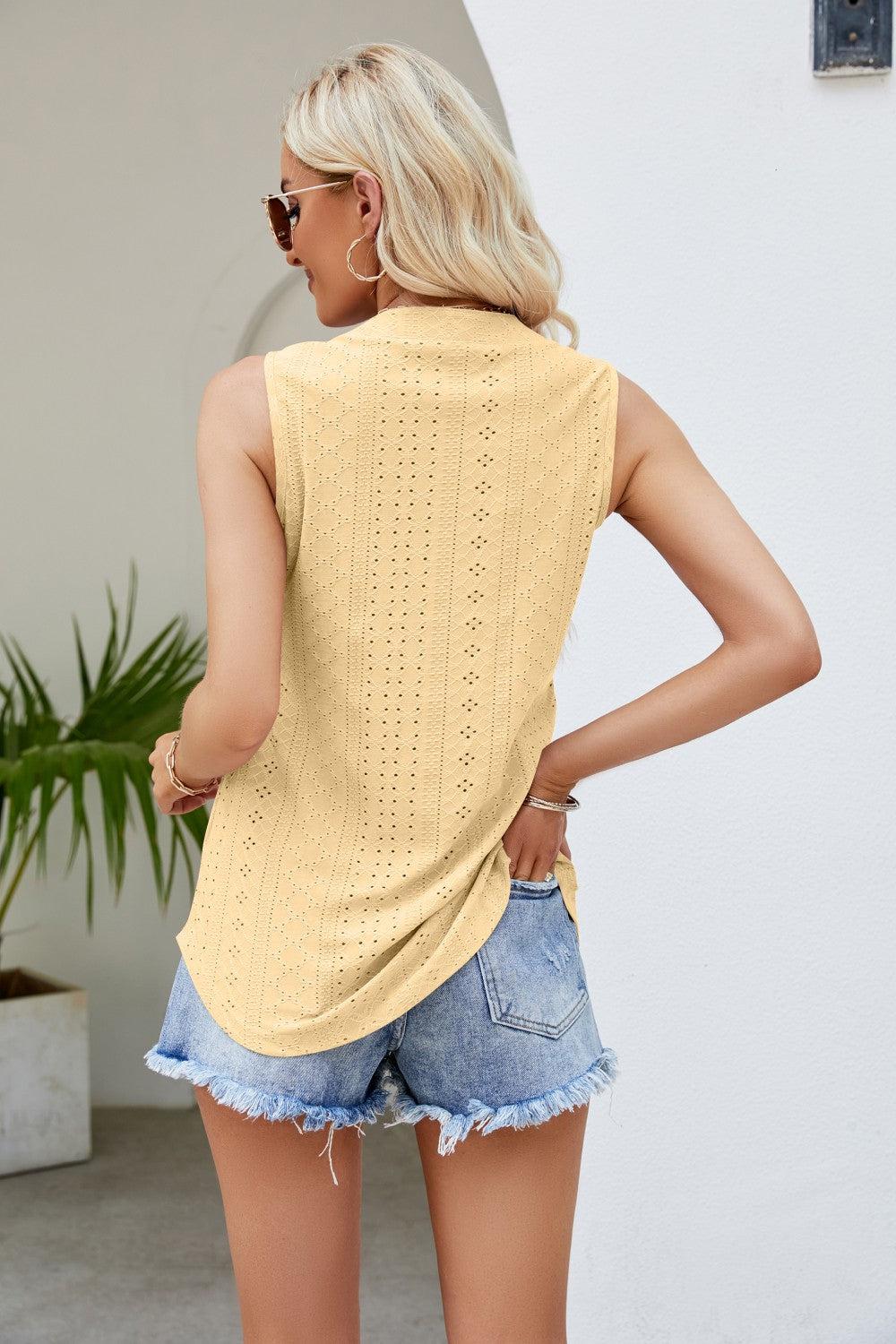 Notched Neck Curved Hem Eyelet Tank BLUE ZONE PLANET