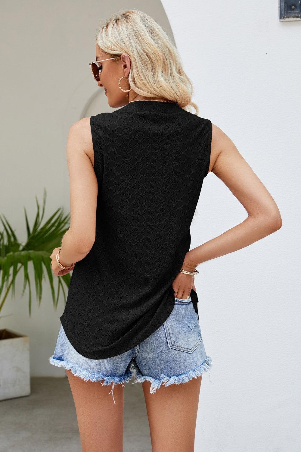 Notched Neck Curved Hem Eyelet Tank BLUE ZONE PLANET