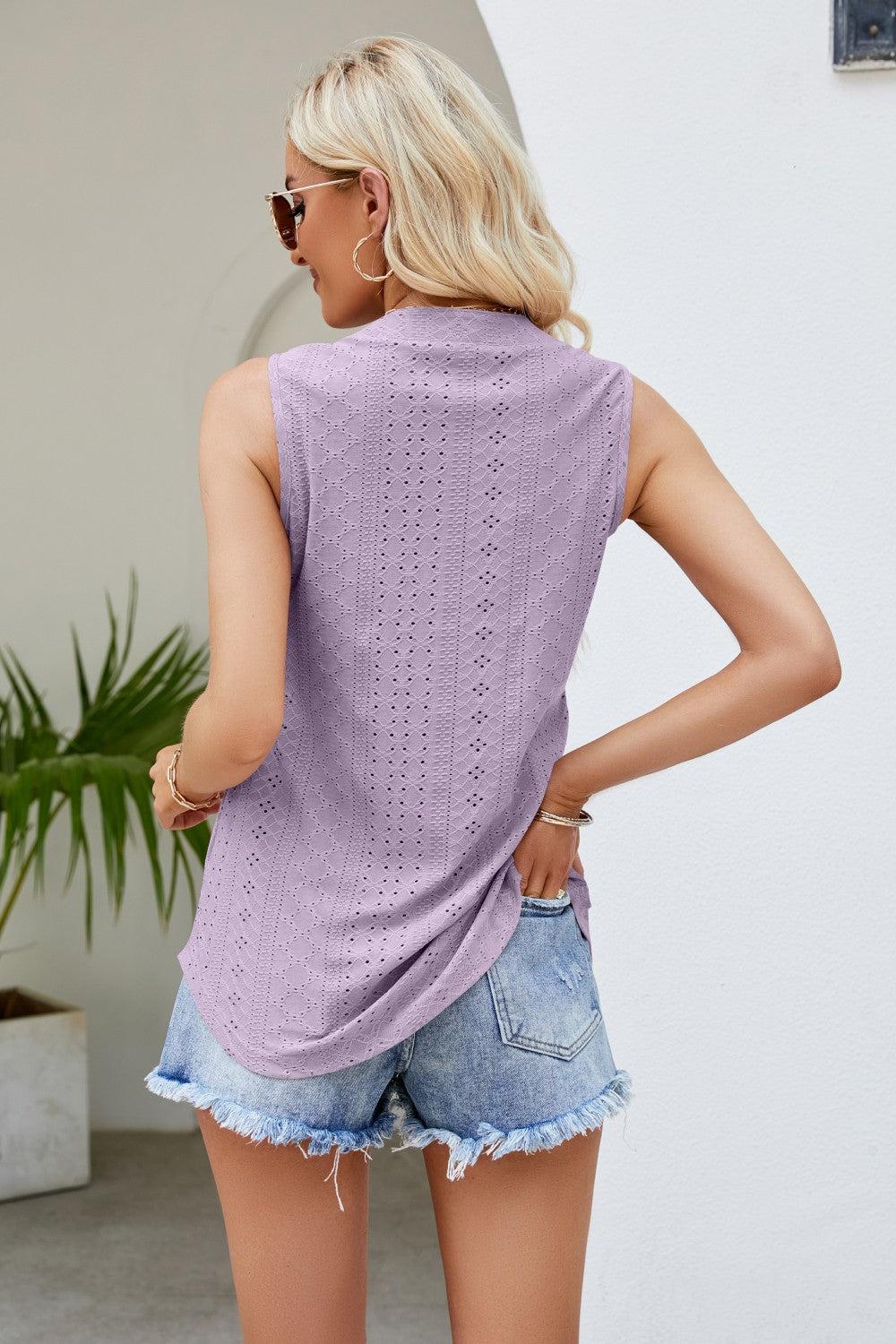 Notched Neck Curved Hem Eyelet Tank BLUE ZONE PLANET