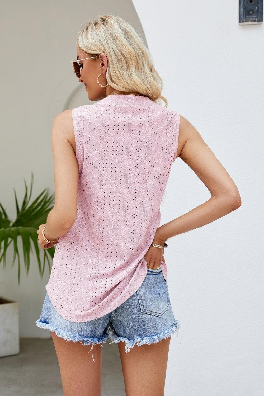 Notched Neck Curved Hem Eyelet Tank BLUE ZONE PLANET