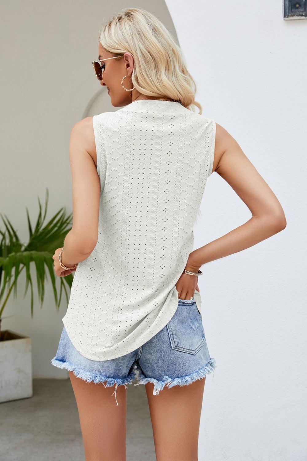 Notched Neck Curved Hem Eyelet Tank BLUE ZONE PLANET