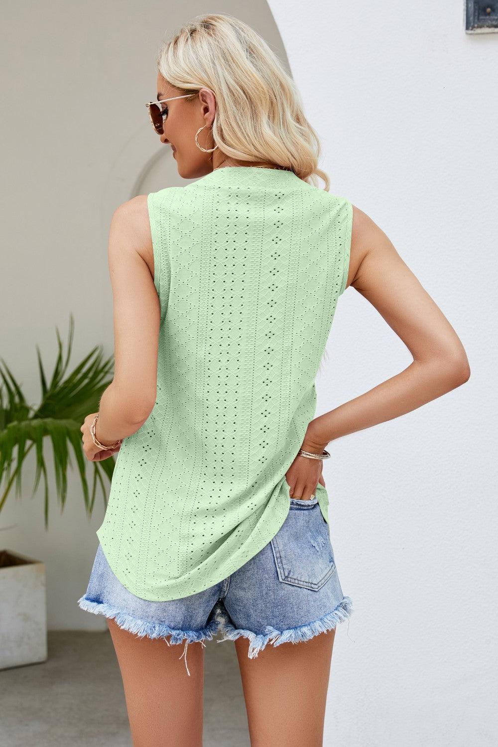 Notched Neck Curved Hem Eyelet Tank BLUE ZONE PLANET