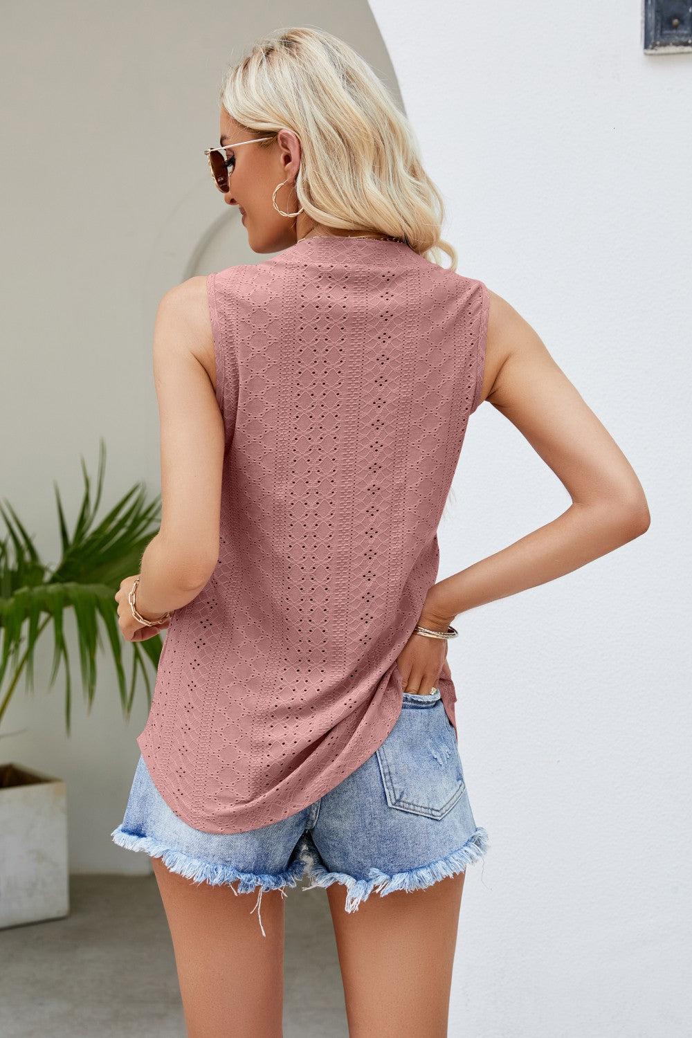 Notched Neck Curved Hem Eyelet Tank BLUE ZONE PLANET