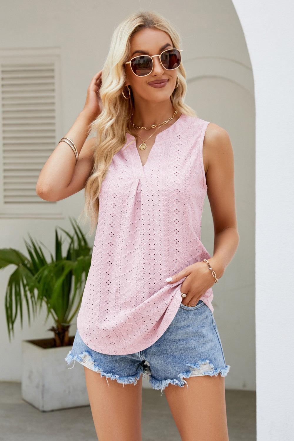 Notched Neck Curved Hem Eyelet Tank BLUE ZONE PLANET