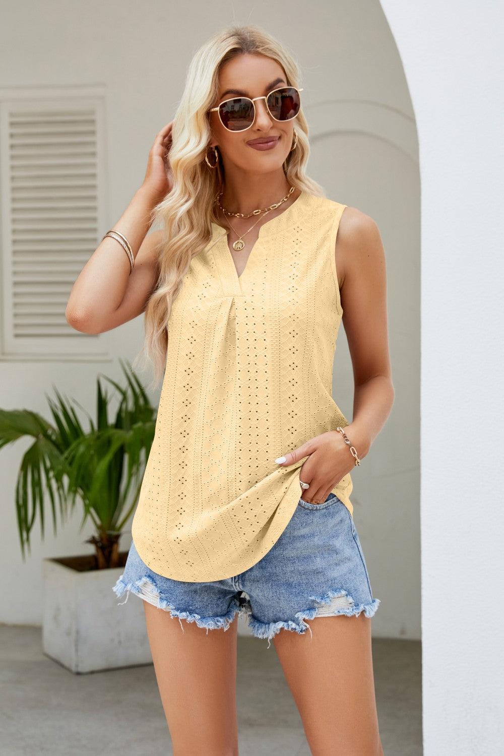 Notched Neck Curved Hem Eyelet Tank BLUE ZONE PLANET
