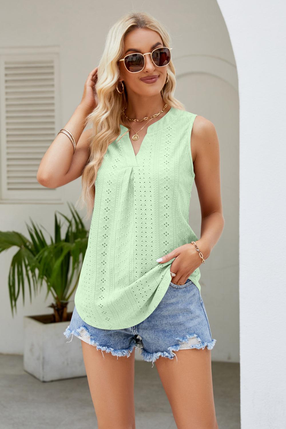Notched Neck Curved Hem Eyelet Tank BLUE ZONE PLANET