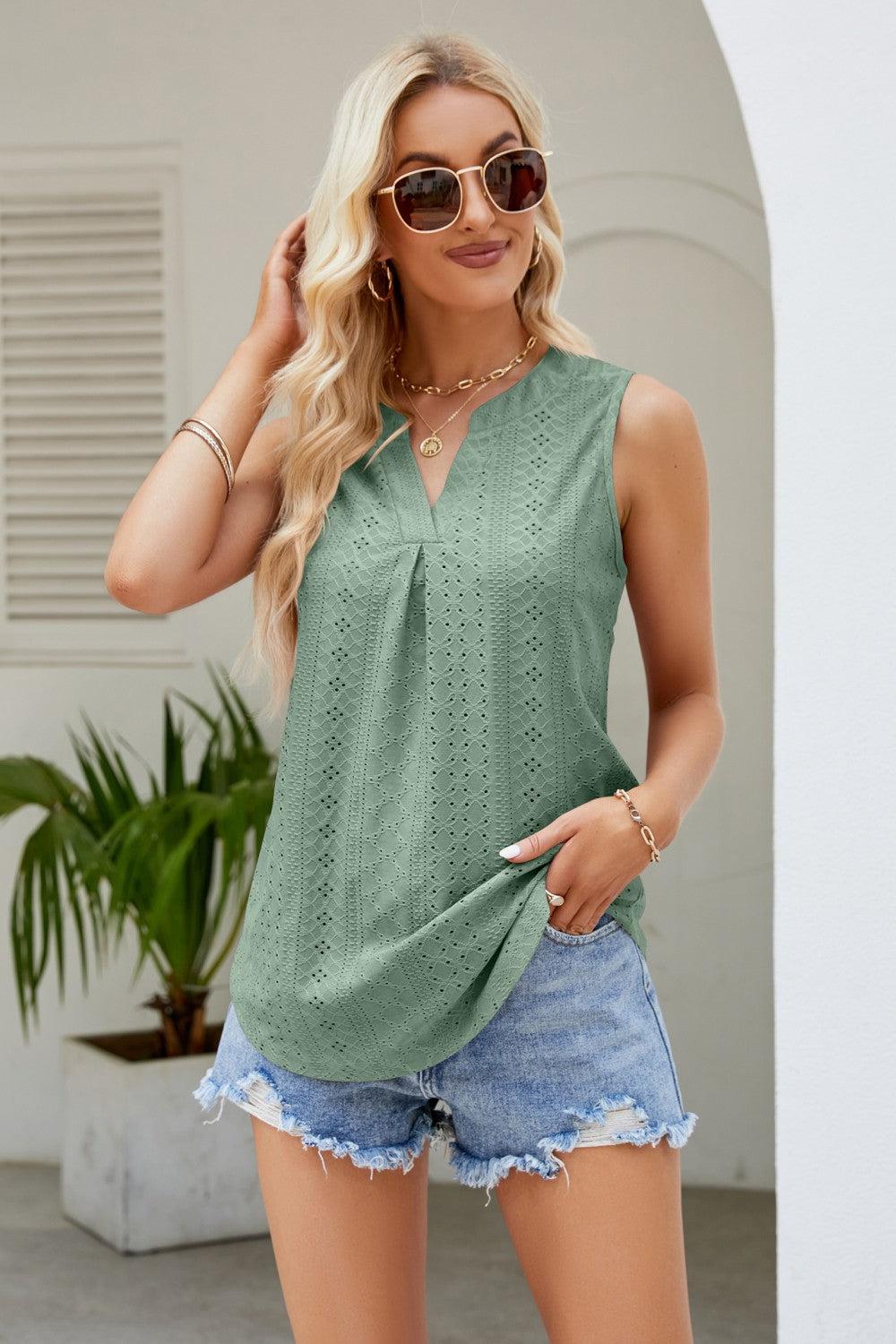 Notched Neck Curved Hem Eyelet Tank BLUE ZONE PLANET