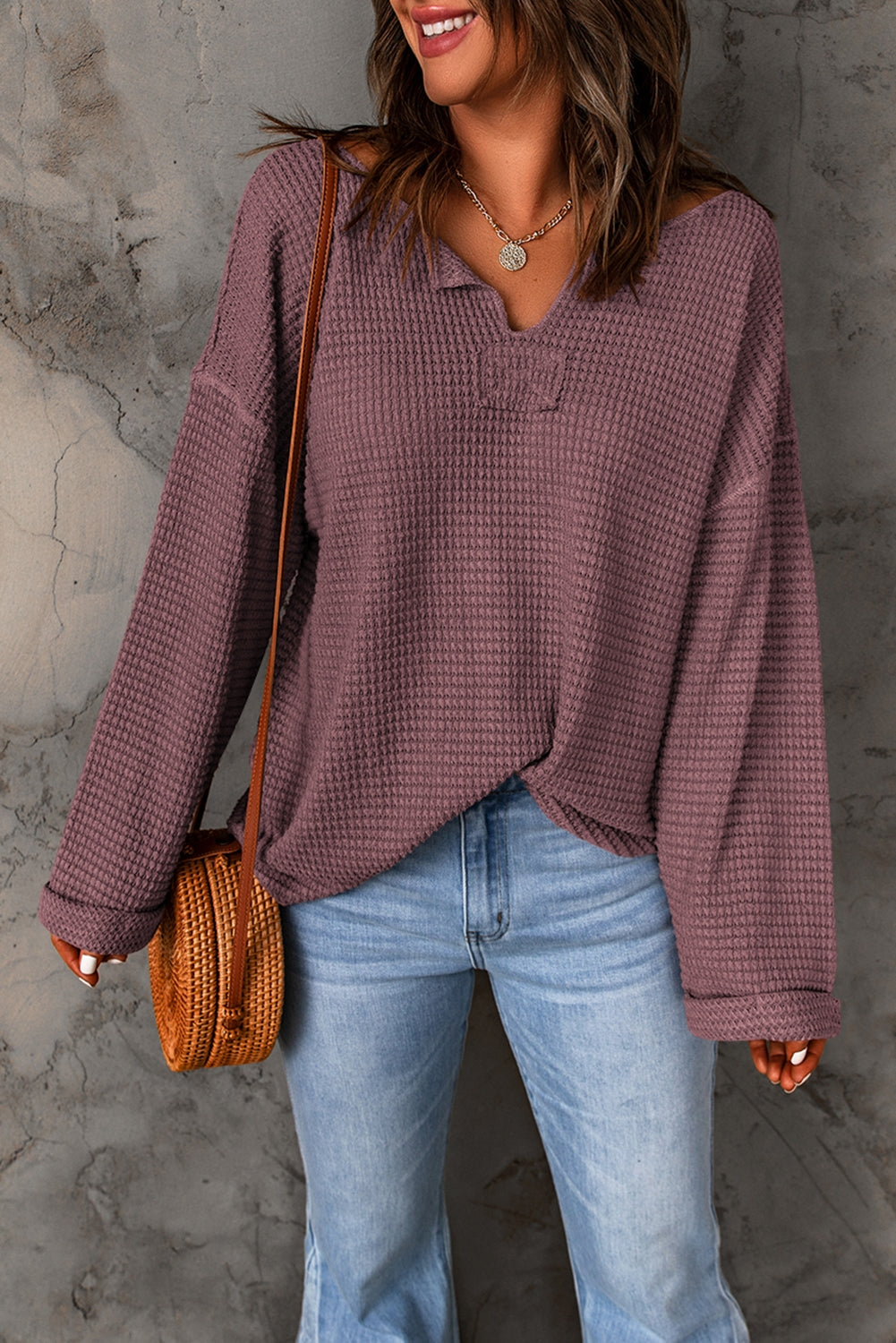 Notched Neck Drop Shoulder Blouse BLUE ZONE PLANET