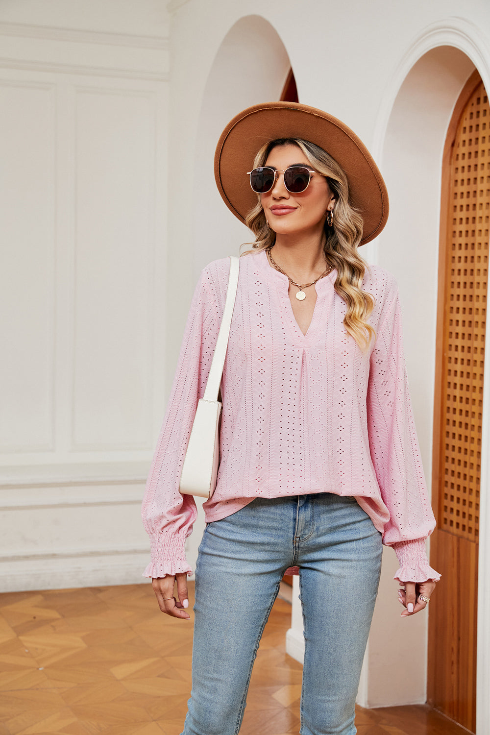 Notched Neck Flounce Sleeve Blouse BLUE ZONE PLANET