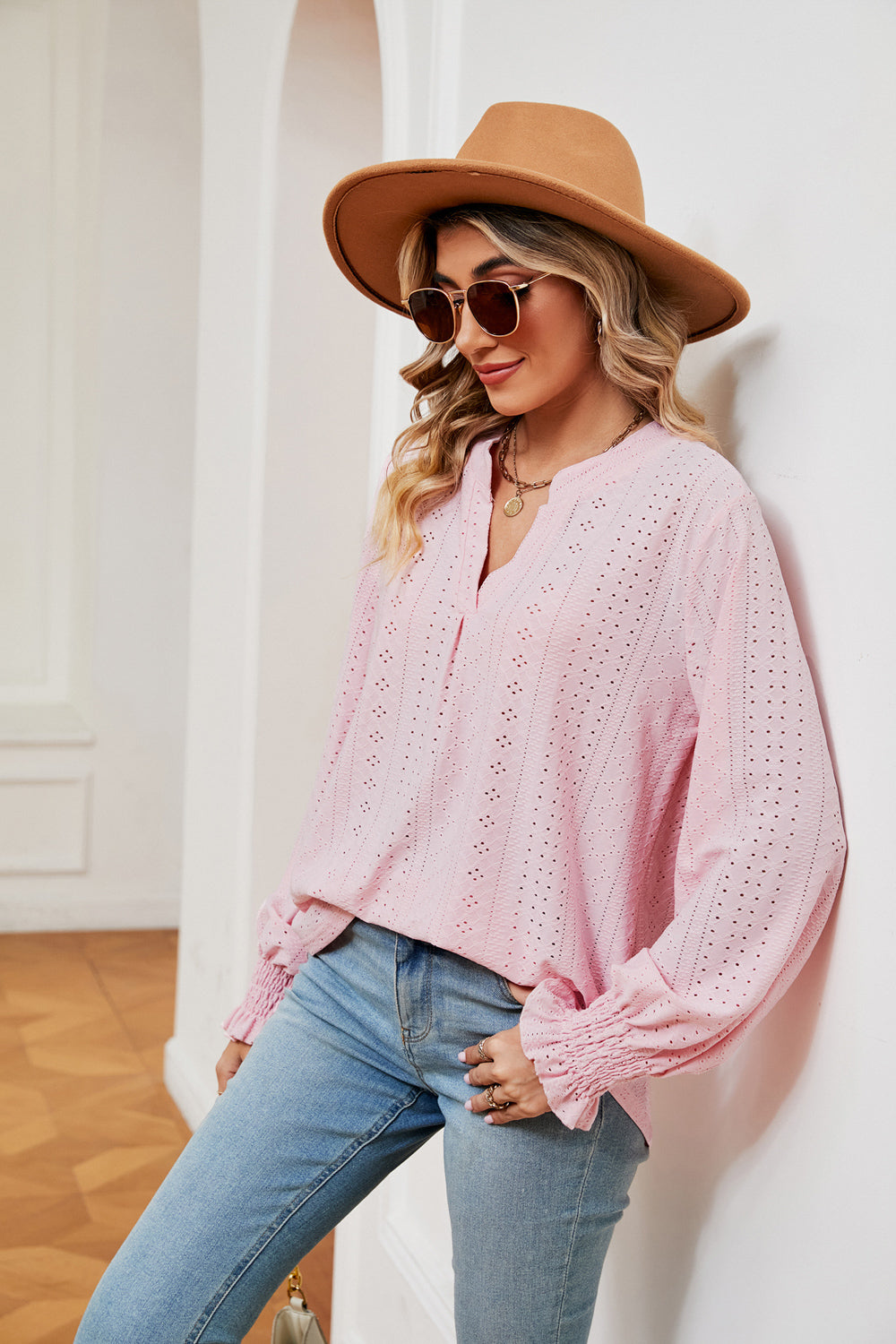 Notched Neck Flounce Sleeve Blouse BLUE ZONE PLANET