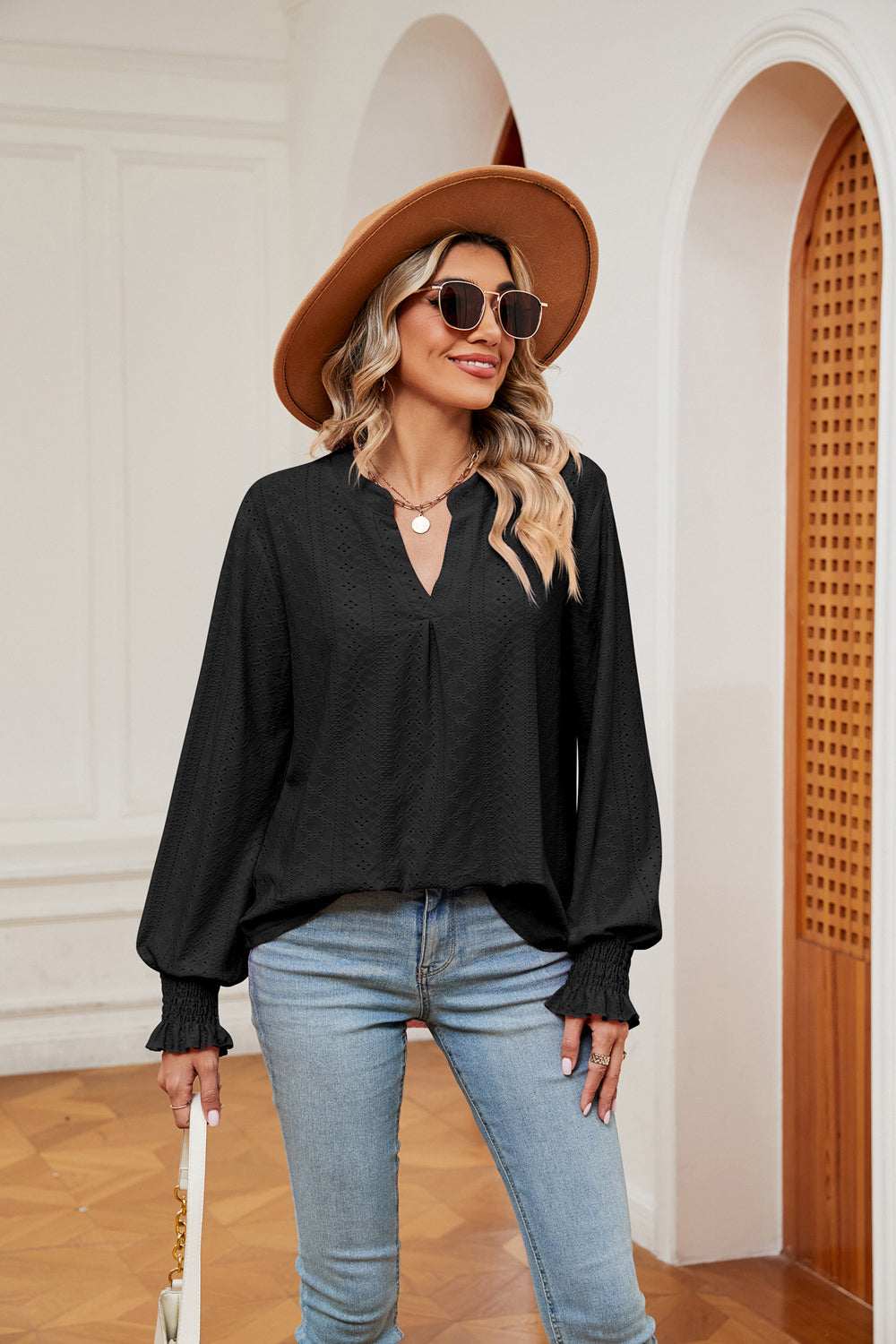 Notched Neck Flounce Sleeve Blouse BLUE ZONE PLANET