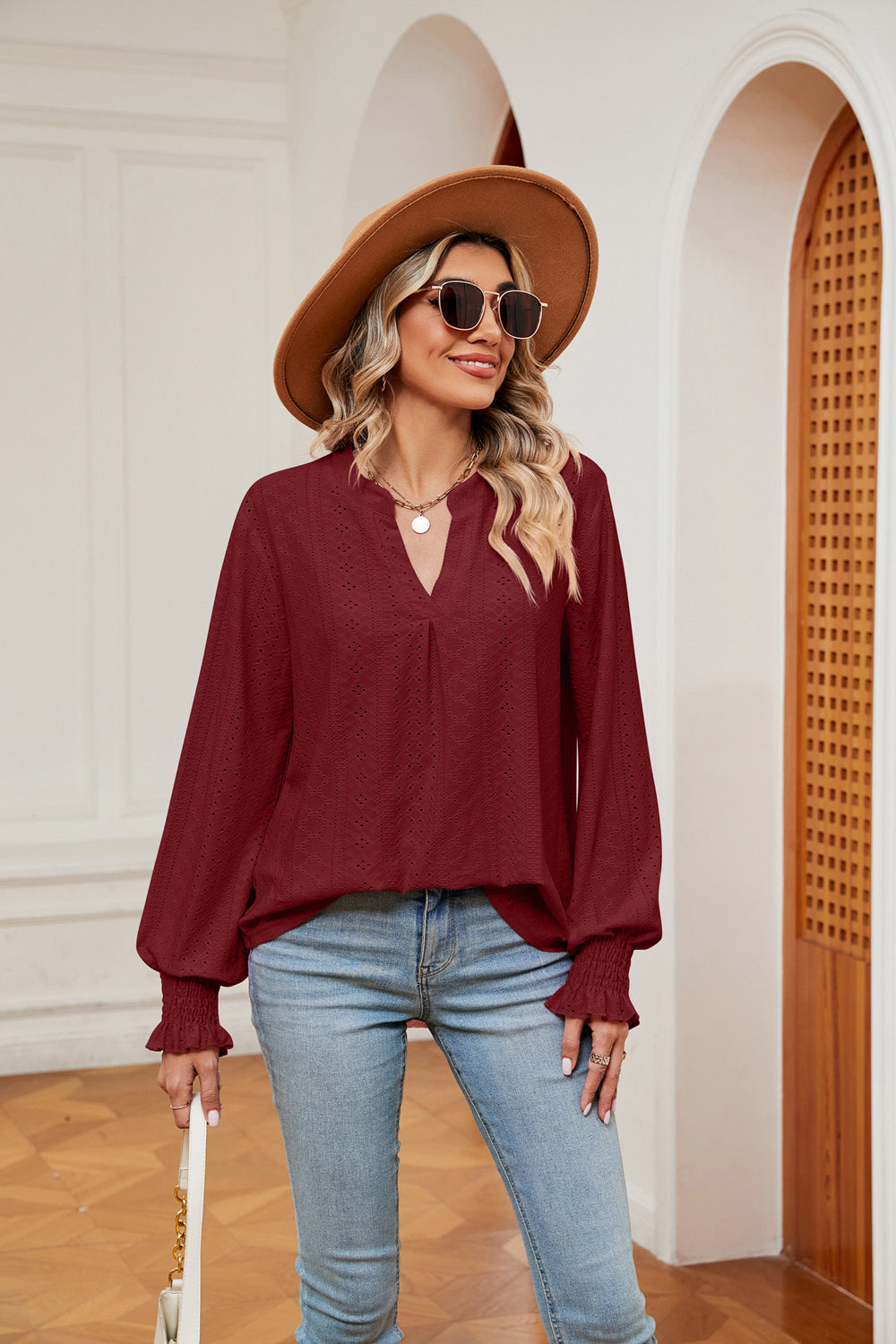 Notched Neck Flounce Sleeve Blouse BLUE ZONE PLANET