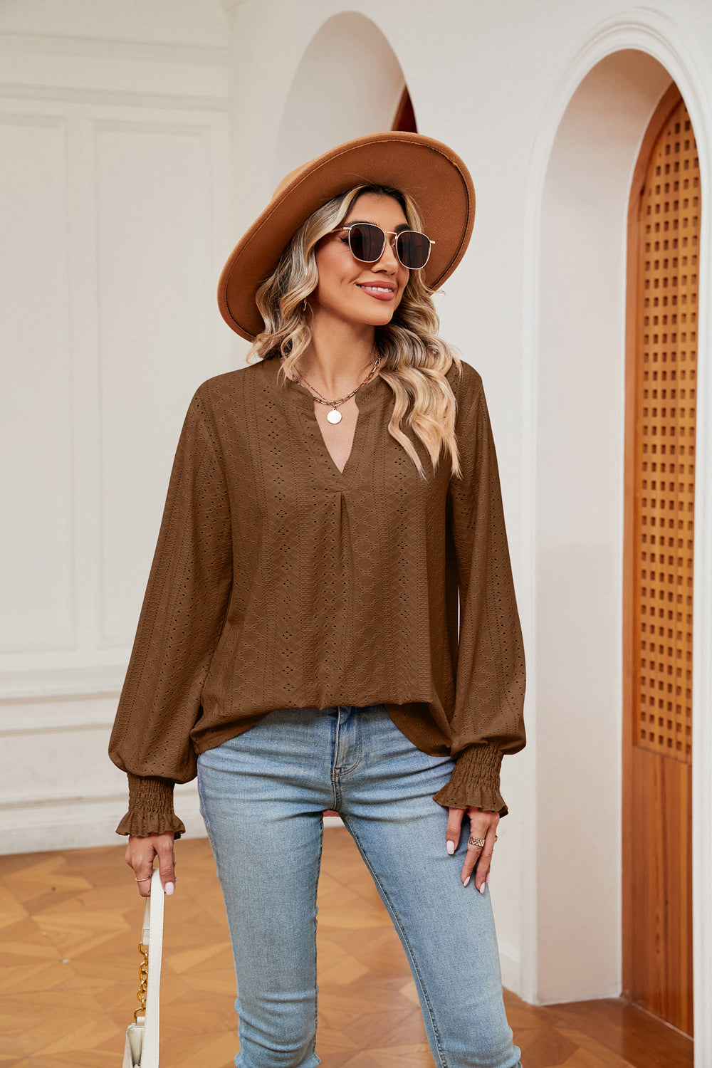 Notched Neck Flounce Sleeve Blouse BLUE ZONE PLANET