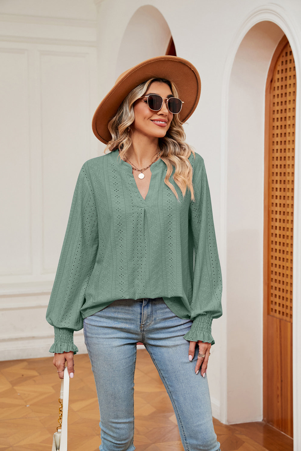 Notched Neck Flounce Sleeve Blouse BLUE ZONE PLANET