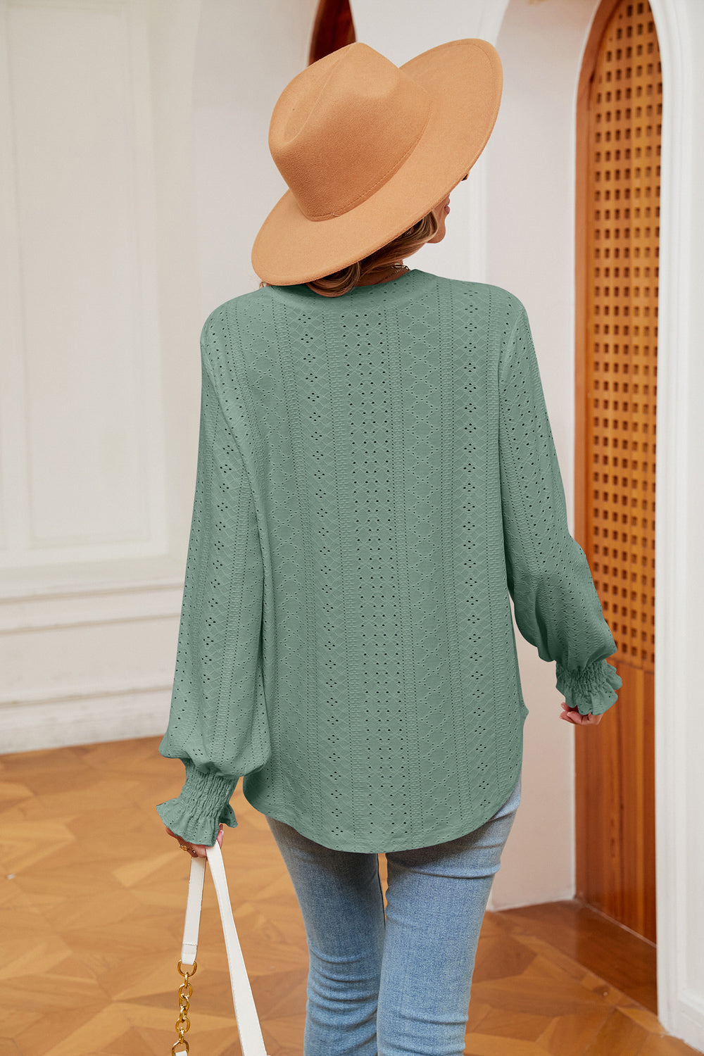 Notched Neck Flounce Sleeve Blouse BLUE ZONE PLANET