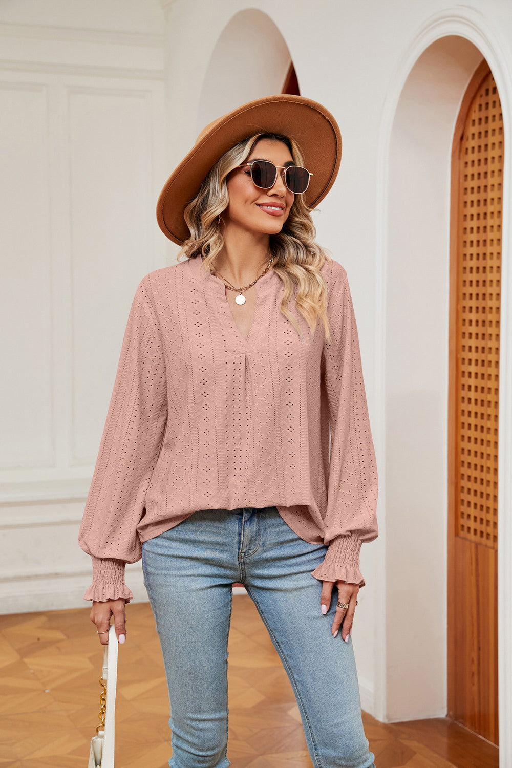 Notched Neck Flounce Sleeve Blouse BLUE ZONE PLANET