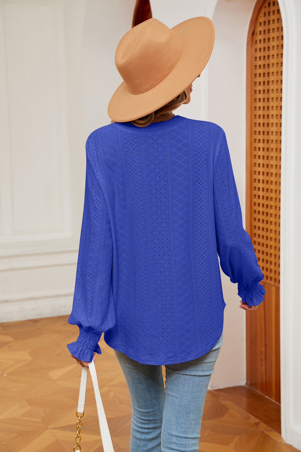 Notched Neck Flounce Sleeve Blouse BLUE ZONE PLANET
